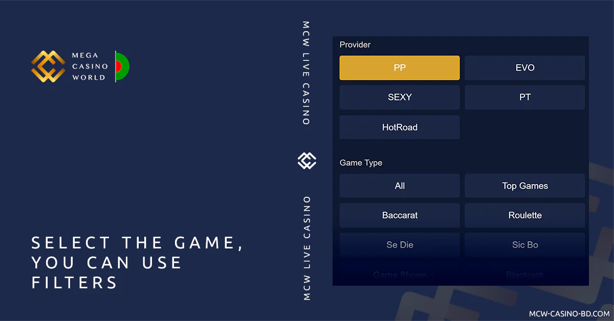 Using filter and search, find live casino games you like - MCW