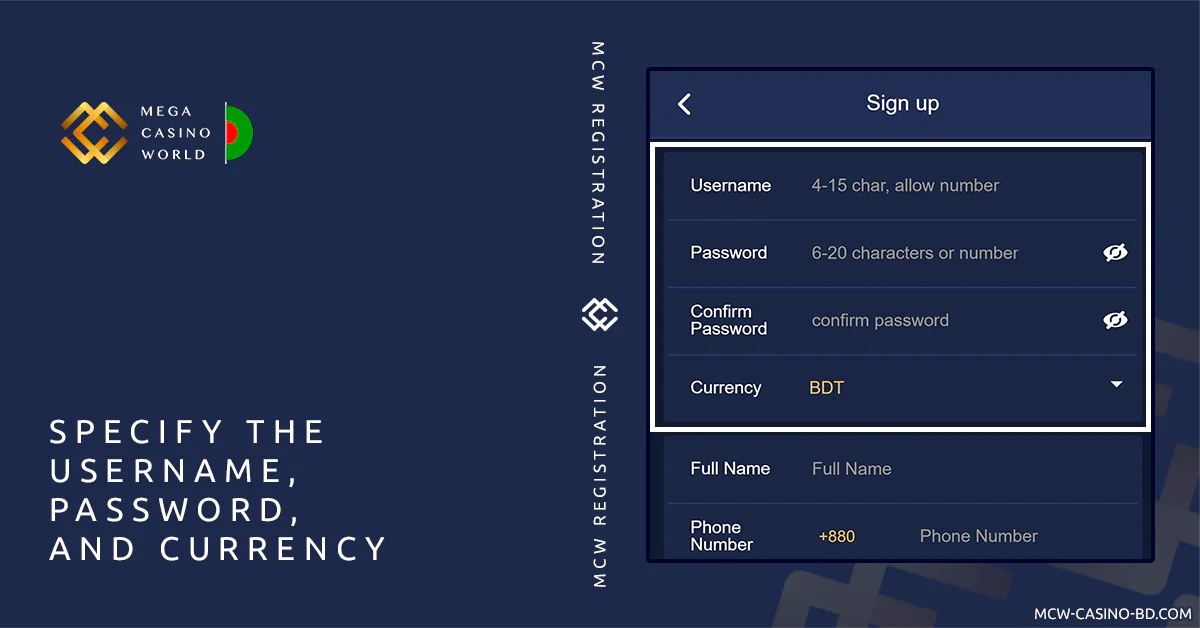 Fill in username, password, select currency - MCW Registration